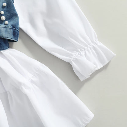 Children Baby Girl Clothes Solid Color Long Sleeve Shirt Dress Denim Beading Vest 2Pcs Outfits Clothes