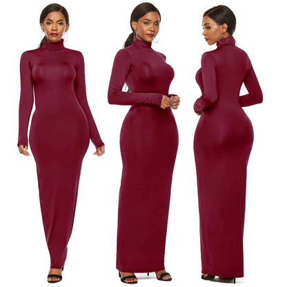 S-5XL Plus Size Party Dresses Women Long Sleeve Turtleneck Bodycon Maxi Dress Autumn Winter Slim Sexy Dresses Apricot/Black/