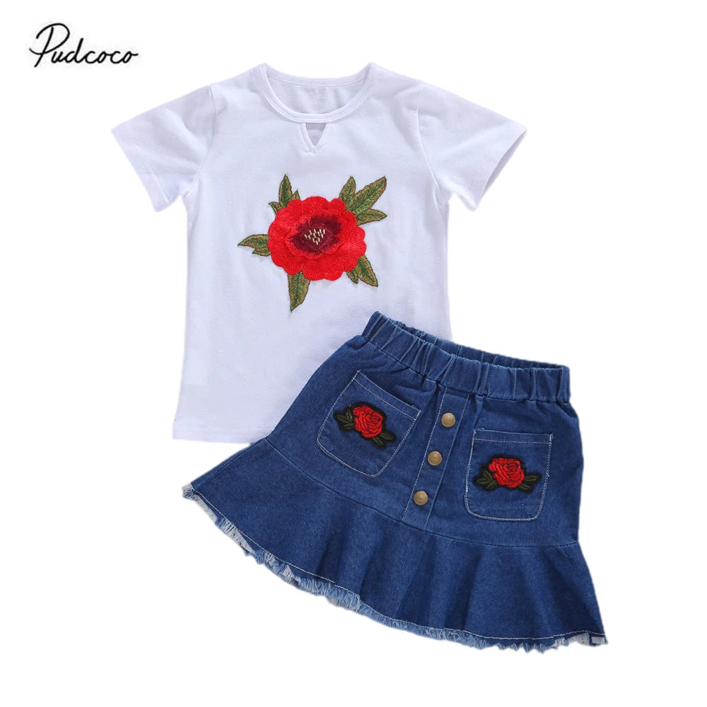 Baby Summer Clothing Infant Kids Girls Skirt Two Piece Set Fashion Rose Embroidery Short Sleeve Top + Denim Short Skirt