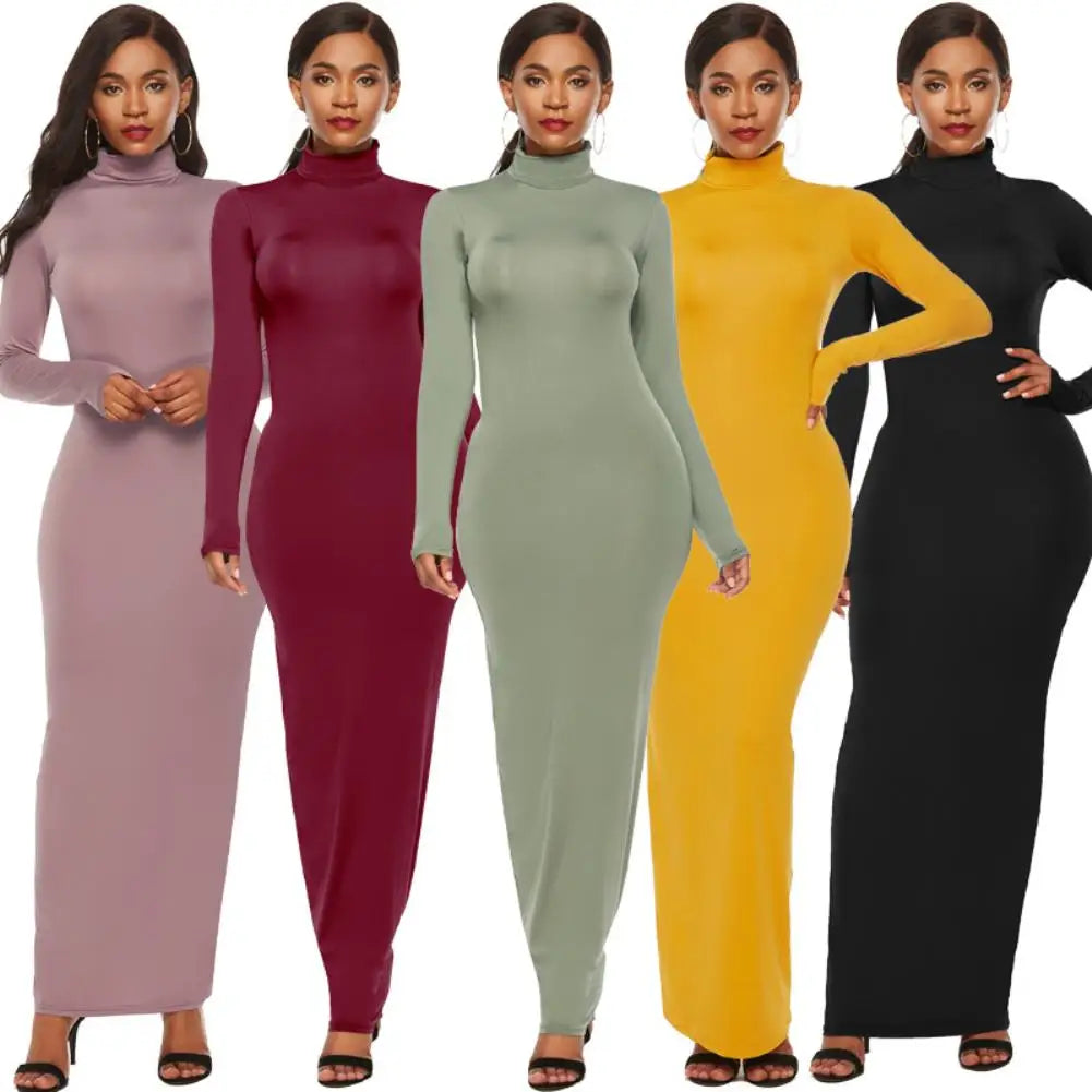 S-5XL Plus Size Party Dresses Women Long Sleeve Turtleneck Bodycon Maxi Dress Autumn Winter Slim Sexy Dresses Apricot/Black/