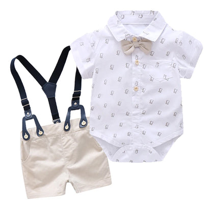 Baby Boy Clothes Summer Gentleman Birthday Suits Newborn Party Dress Soft Cotton Solid Rmper + Belt Pants Infant Toddler Set