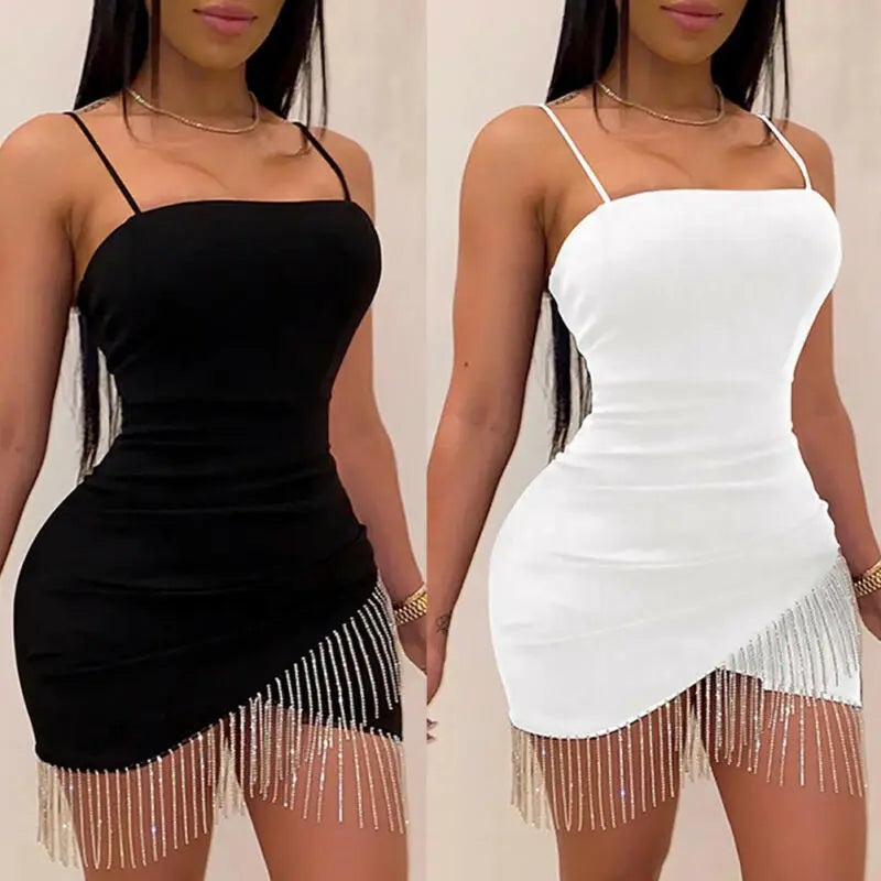 Sexy Dresses Woman Party Night Birthday Tassel Split Sleeveless Bodycon Dress Summer Elegant Suspender Short Mini Pencil Dresses