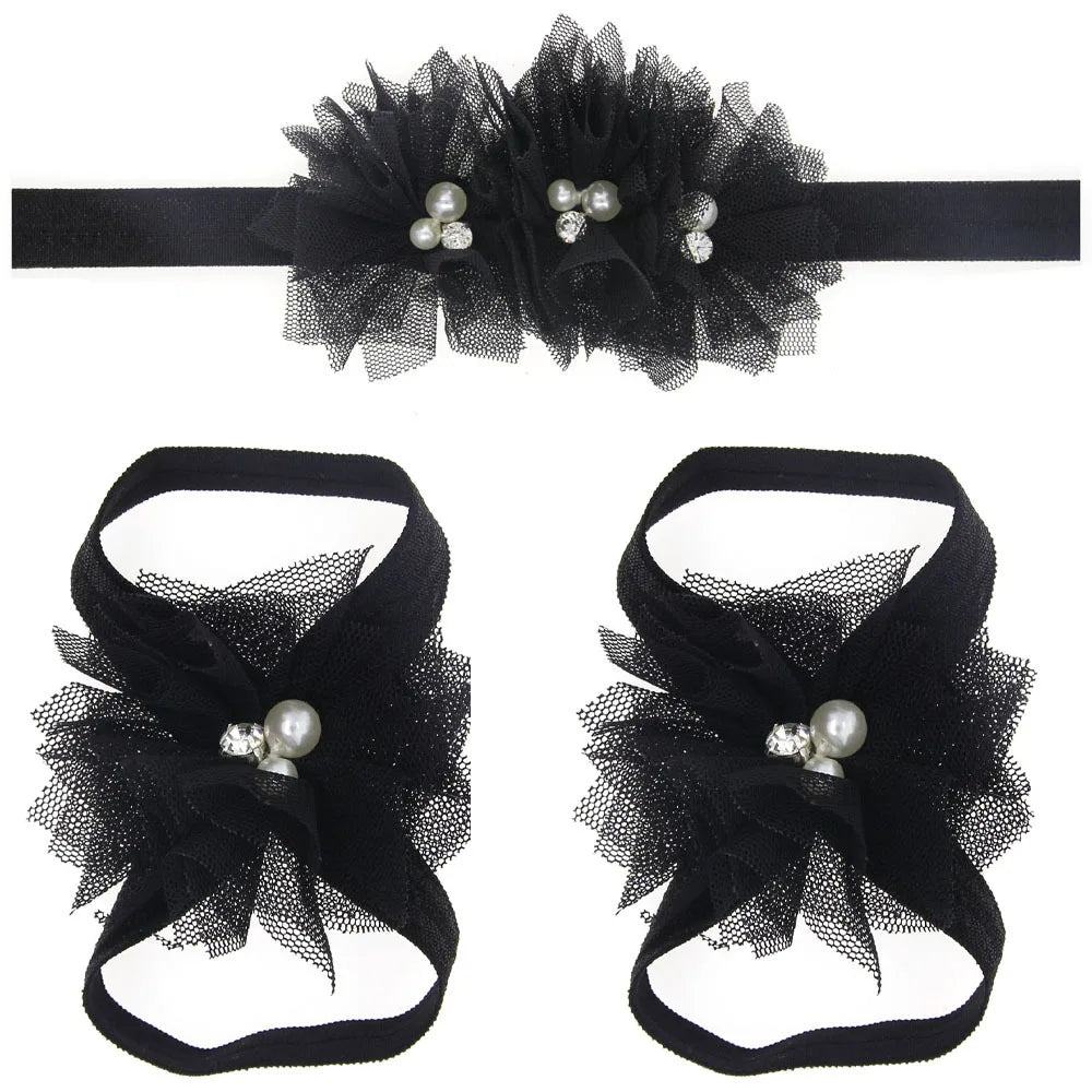 3Pcs/Set Hair Bandage Foot Band Headband Ribbon FlowerTurban Children Newborn Kids Headwear Baby Girl Accessory Soft Photo Props