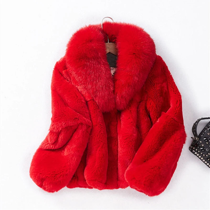 Faux Fur Women Fox Fur Collar Winter Coat Faux Rabbit Hair Short Slim Red Warm Jackets Plus Size Fake Fur Thick Ladies Outwear