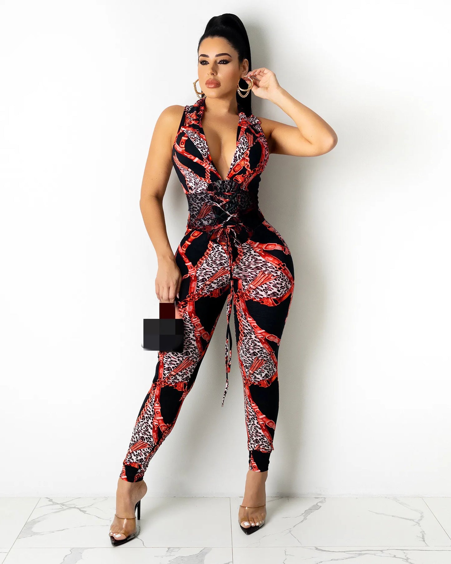 JRRY Sexy Women Jumpsuits Sleeveless Sashes Print Bodysuit High Elasticity Chain Pattern Outdoor Wear