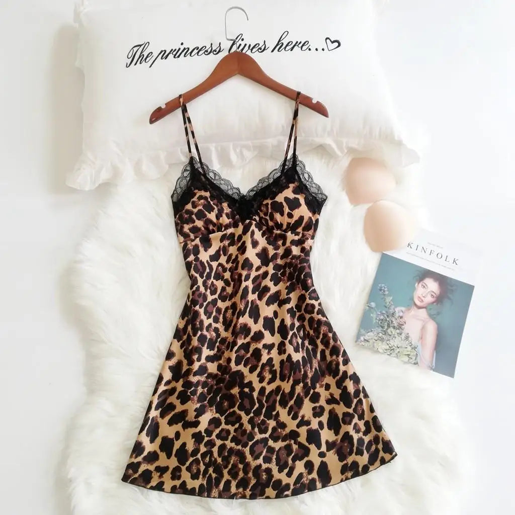 Print Leopard 4PCS Sleep Set Pajamas Female Loose Satin Pyjamas Sleepwear Sexy Casual Home Wear Suits Lace Trim Women Nightwear