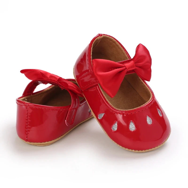 Newborn Baby Shoes Baby Girl Shoes Girl Classic Red Bowknot Rubber Sole Anti-slip PU Dress Shoes First Walker Toddler Crib Shoes