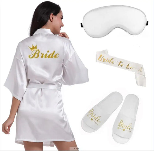 4pc set of glitter gold bride satin short bride robe slippers bridal sash peignoir women Bridal Party 2019 kimono robe