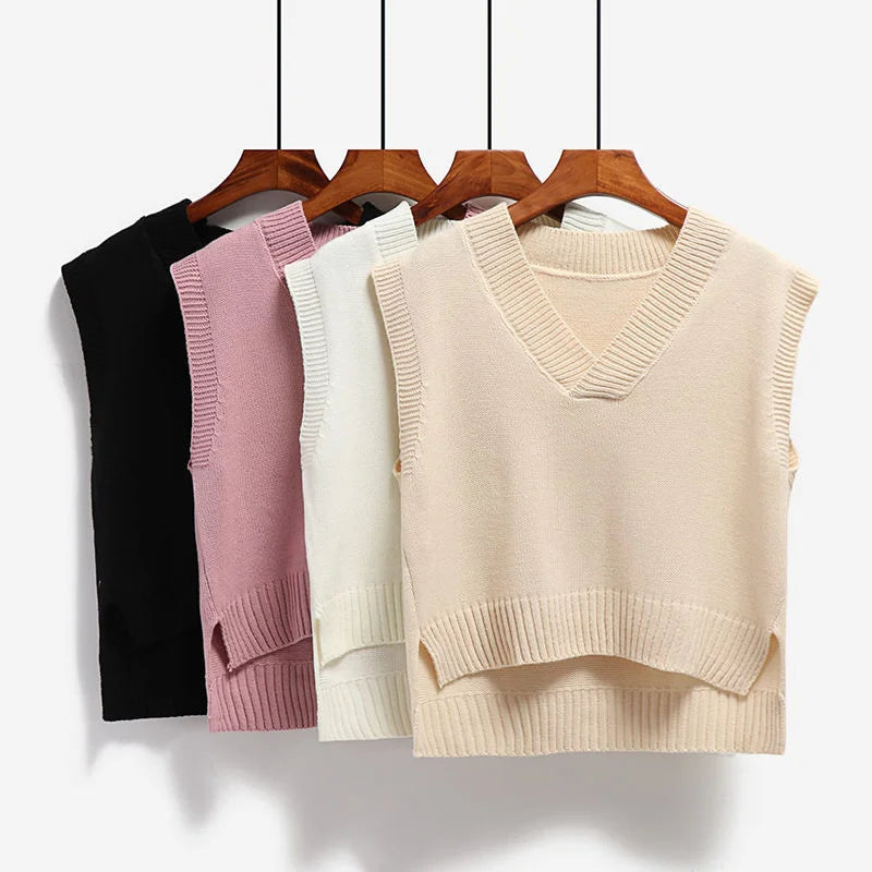 Women Sweater Vest V-neck Knitted Top 2025 New Korean Fashion Knitwear Spring Autumn Jumper