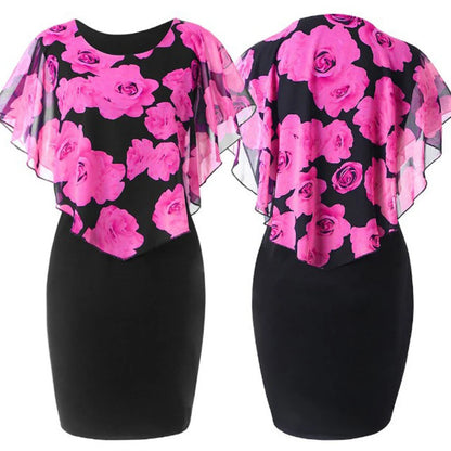 Summer Women Dress Elegant Office Lady Rose Flower Print Cape Mesh Bodycon Knee Length Dresses Outfits Evening Party