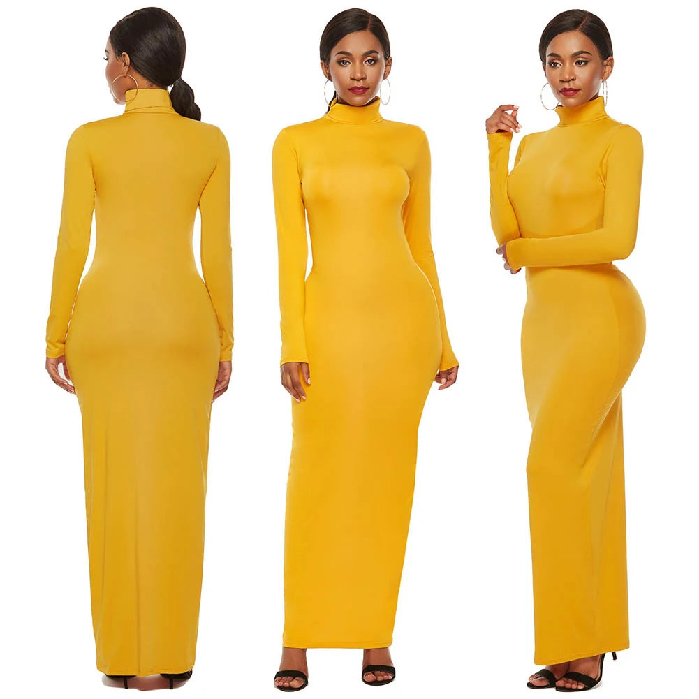 S-5XL Plus Size Party Dresses Women Long Sleeve Turtleneck Bodycon Maxi Dress Autumn Winter Slim Sexy Dresses Apricot/Black/