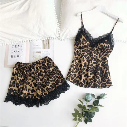 Print Leopard 4PCS Sleep Set Pajamas Female Loose Satin Pyjamas Sleepwear Sexy Casual Home Wear Suits Lace Trim Women Nightwear