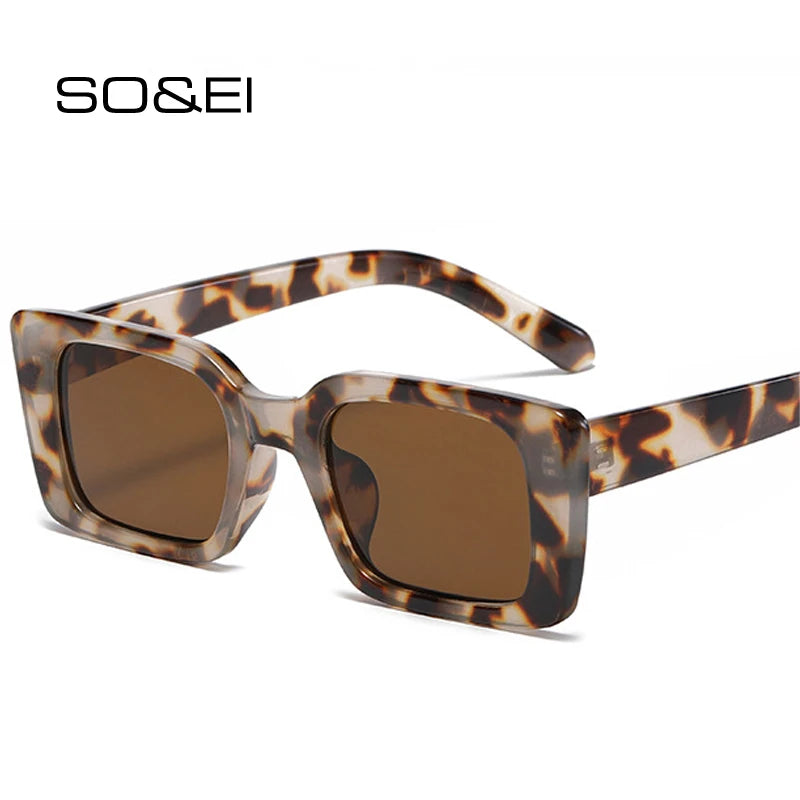 SO&EI Ins Popular Fashion Small Rectangle Sunglasses Women Retro Leopard Shades UV400 Men Trending Square Sun Glasses