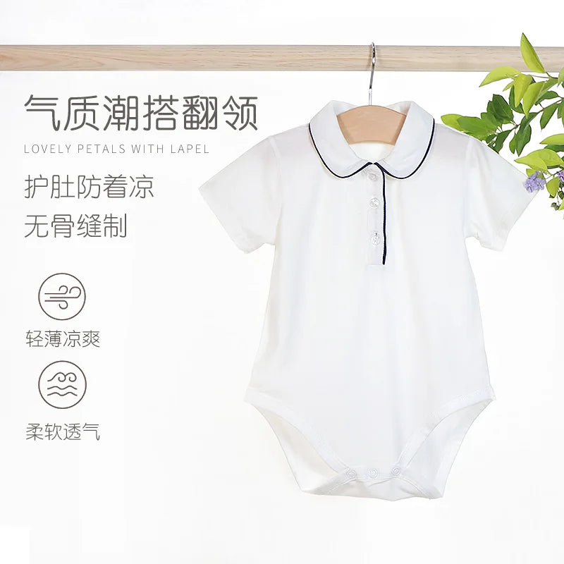 Baby Boy Cotton Bodysuit Summer Clothes Short Sleeve Jumpsuit Infant Peter Pan Romper Handsome Polo Overalls White Bebies Roupas