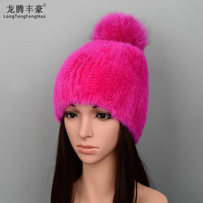 Mink Fur Knit Hat With Fox Fur Ball Winter Warm Women'S Beanie Hat 100% Natural Authentic Fur Hat Russian Women'S Hat