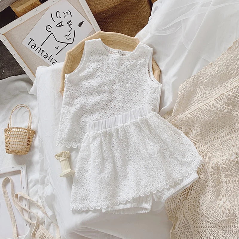 Summer Clothing Sets Hollow Lace Suit Baby Casual Sleeveless