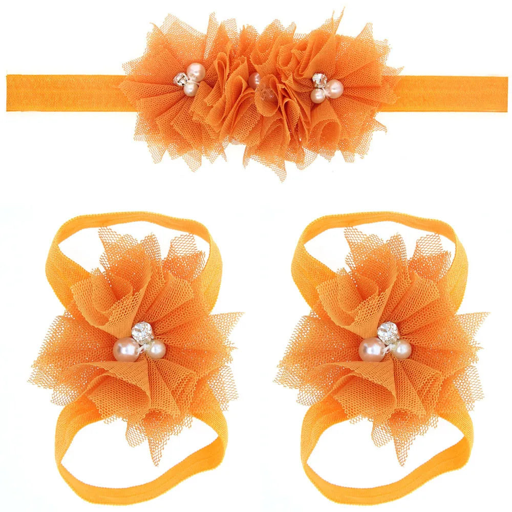 3Pcs/Set Hair Bandage Foot Band Headband Ribbon FlowerTurban Children Newborn Kids Headwear Baby Girl Accessory Soft Photo Props