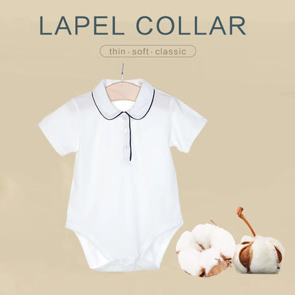 Baby Boy Cotton Bodysuit Summer Clothes Short Sleeve Jumpsuit Infant Peter Pan Romper Handsome Polo Overalls White Bebies Roupas