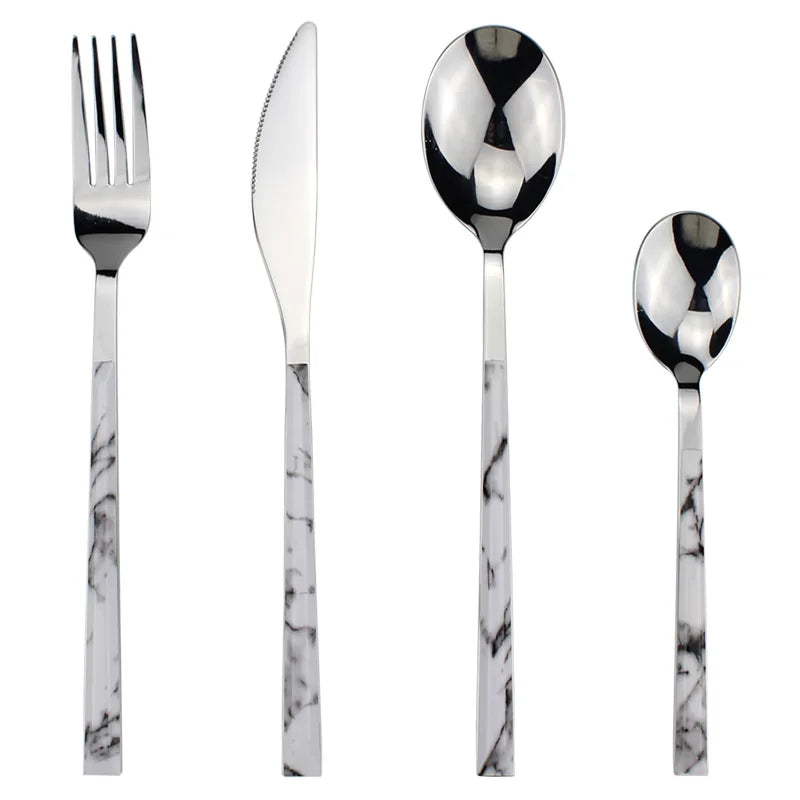 Cheap Cutlery 4 in 1 Sets Plastics Marbling Pattern Handle Stainless Steel Portable Fashion Popular Outdoor Dinnerware For Home