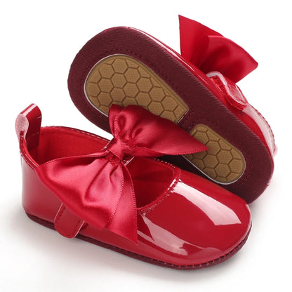 Newborn Baby Shoes Baby Girl Shoes Girl Classic Red Bowknot Rubber Sole Anti-slip PU Dress Shoes First Walker Toddler Crib Shoes