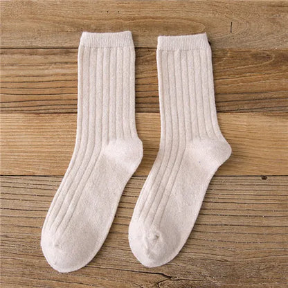 CHAOZHU Thicken Warm Merino Wool Classic Solid Colors Rib Socks Women High Quality Loose Crew Fashion Japanese Korea Sock Winter