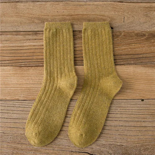 CHAOZHU Thicken Warm Merino Wool Classic Solid Colors Rib Socks Women High Quality Loose Crew Fashion Japanese Korea Sock Winter