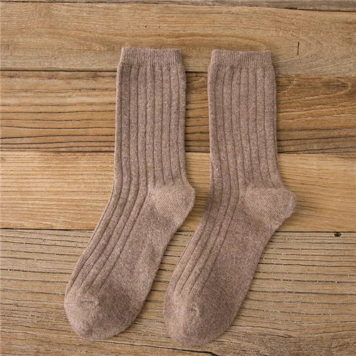 CHAOZHU Thicken Warm Merino Wool Classic Solid Colors Rib Socks Women High Quality Loose Crew Fashion Japanese Korea Sock Winter