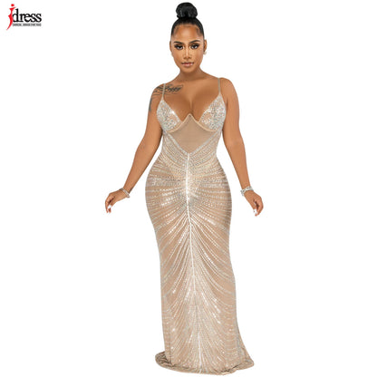 iDress Sexy Sparkle Mesh Sheer Rhinestones Maxi Dress Gown Women Glam Spaghetti Straps Crystal Party Dress Celebrities Outifts