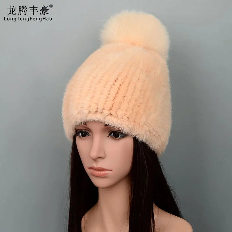 Mink Fur Knit Hat With Fox Fur Ball Winter Warm Women'S Beanie Hat 100% Natural Authentic Fur Hat Russian Women'S Hat