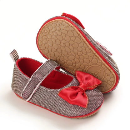 Newborn Baby Shoes Baby Girl Shoes Girl Classic Red Bowknot Rubber Sole Anti-slip PU Dress Shoes First Walker Toddler Crib Shoes