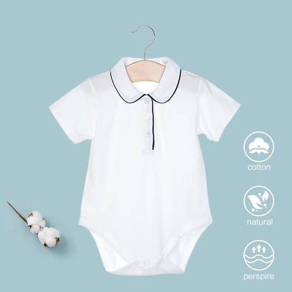 Baby Boy Cotton Bodysuit Summer Clothes Short Sleeve Jumpsuit Infant Peter Pan Romper Handsome Polo Overalls White Bebies Roupas