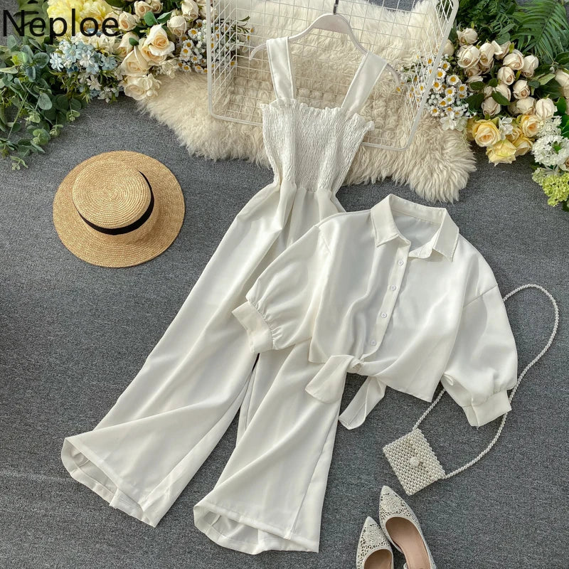 Neploe Summer Holiday 2 Pcs Women Set Sexy Slim Waist Pleat Design Wide Leg Jumpsuit + Turn Down Collar Short Sleeve Shirt Suit