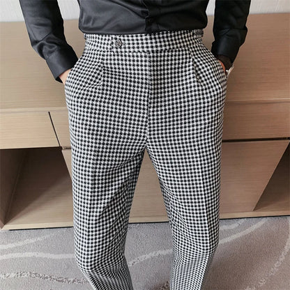 British Style Men High Waist Business Dress Pants Fashion Houndstooth Office Social Suit Pants Wedding Groom Casual Trousers Men