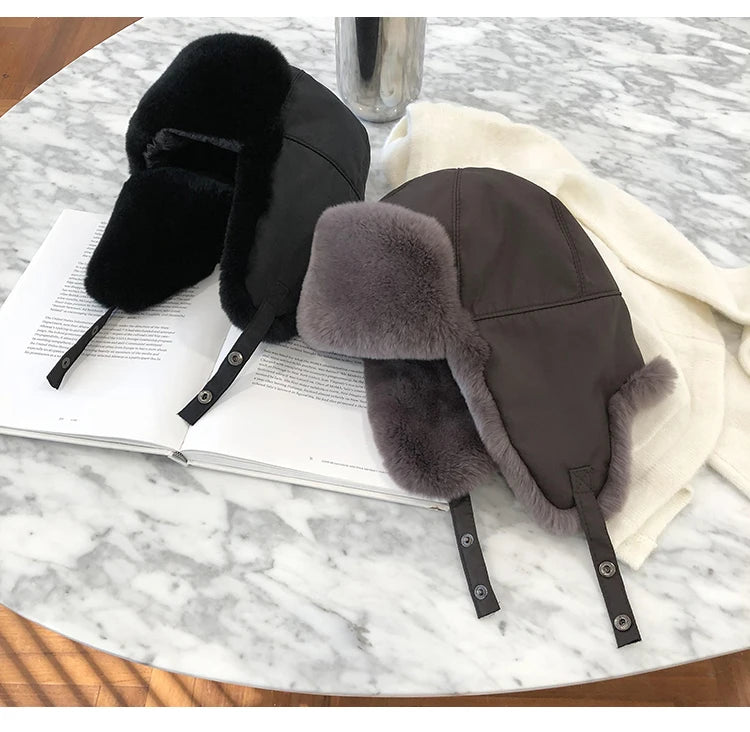 ZDFURS* 100% Real Fur Hat for Women Natural Rex Rabbit Fur Russian Ushanka Hats Winter Thick Warm Ears Fashion Bomber Cap