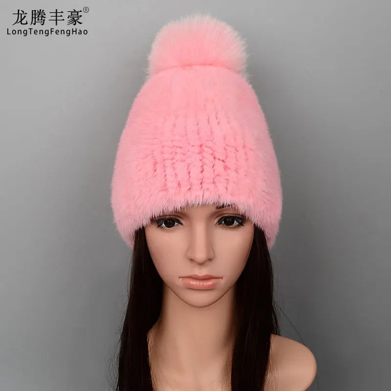 Mink Fur Knit Hat With Fox Fur Ball Winter Warm Women'S Beanie Hat 100% Natural Authentic Fur Hat Russian Women'S Hat