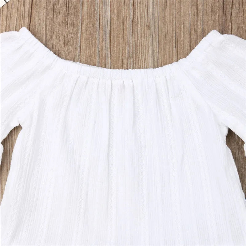 1-6Years Kids Baby Girls Clothes Set Off Shoulder White Lace Tops Shirt Pearl Denim Long Pants Jeans