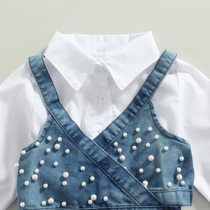 Children Baby Girl Clothes Solid Color Long Sleeve Shirt Dress Denim Beading Vest 2Pcs Outfits Clothes