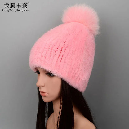 Mink Fur Knit Hat With Fox Fur Ball Winter Warm Women'S Beanie Hat 100% Natural Authentic Fur Hat Russian Women'S Hat