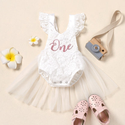 FOCUSNORM Newborn Baby Girls Romper Dress Mesh Lace One Letter Print Little Princess Party Dress Summer Costume