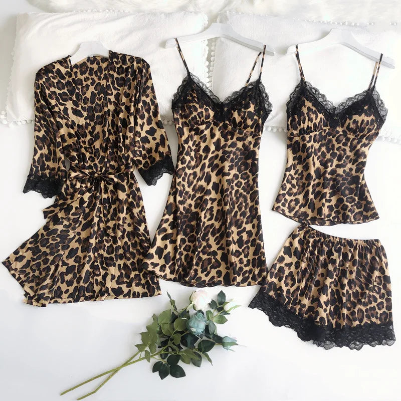 Print Leopard 4PCS Sleep Set Pajamas Female Loose Satin Pyjamas Sleepwear Sexy Casual Home Wear Suits Lace Trim Women Nightwear