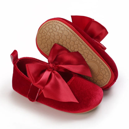 Newborn Baby Shoes Baby Girl Shoes Girl Classic Red Bowknot Rubber Sole Anti-slip PU Dress Shoes First Walker Toddler Crib Shoes