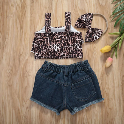 Kids Girls Top Shorts 3Pcs Suit Leopard Short Sleeve Pleated Vest Blue Sequin Jeans Side Pockets Headband Fashion Outfits