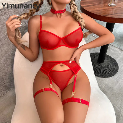 Yimunancy 4-Piece Lace Bra Set Women Mesh Panty Underwear Set 8 Colors Transparent Sexy Lingerie Set