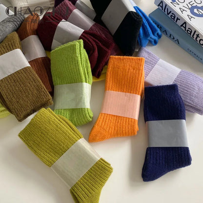 CHAOZHU Thicken Warm Merino Wool Classic Solid Colors Rib Socks Women High Quality Loose Crew Fashion Japanese Korea Sock Winter