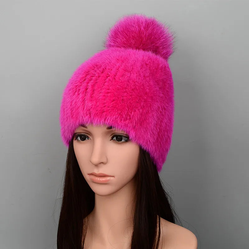 Mink Fur Knit Hat With Fox Fur Ball Winter Warm Women'S Beanie Hat 100% Natural Authentic Fur Hat Russian Women'S Hat