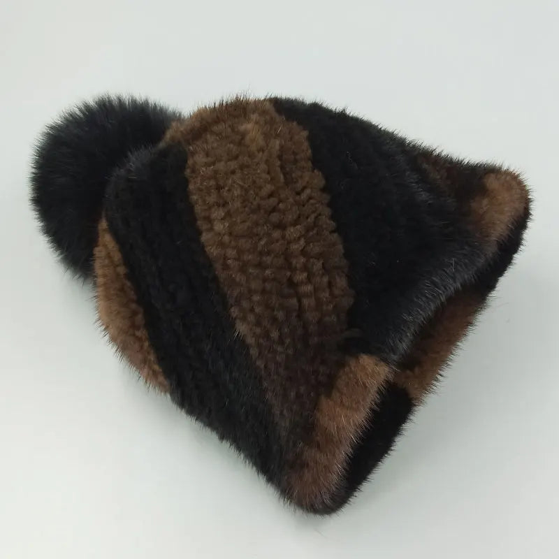 Mink Fur Knit Hat With Fox Fur Ball Winter Warm Women'S Beanie Hat 100% Natural Authentic Fur Hat Russian Women'S Hat