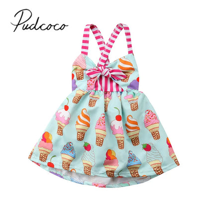 Brand New Infant Princess Girls Summer Toddler Kid Sleeveless Ice Cream Print Strap Tutu Party Dress Sundress Clothes 6M-5T