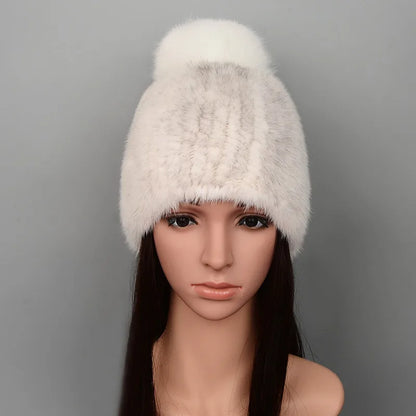 Mink Fur Knit Hat With Fox Fur Ball Winter Warm Women'S Beanie Hat 100% Natural Authentic Fur Hat Russian Women'S Hat