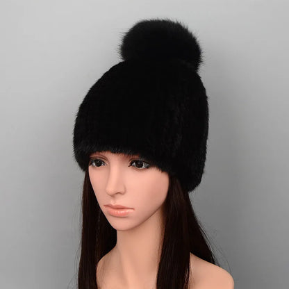 Mink Fur Knit Hat With Fox Fur Ball Winter Warm Women'S Beanie Hat 100% Natural Authentic Fur Hat Russian Women'S Hat