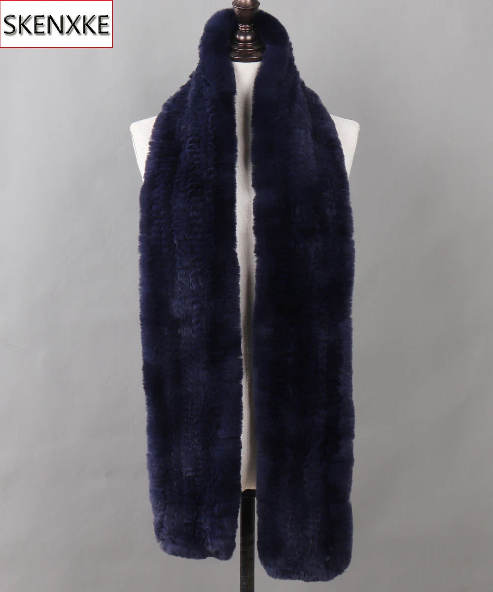 New Luxury Lady 100% Genuine Rex Rabbit Fur Scarves Fashion Long Style Knitted Real Fur Scarf Russian Women Winter Fur Mufflers